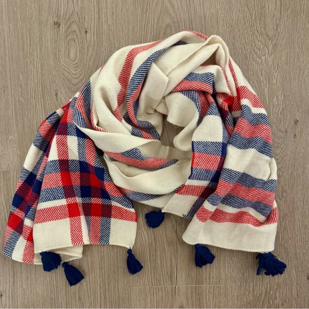 J. Crew Oversized Plaid Wool Blend Scarf in Red/Blue